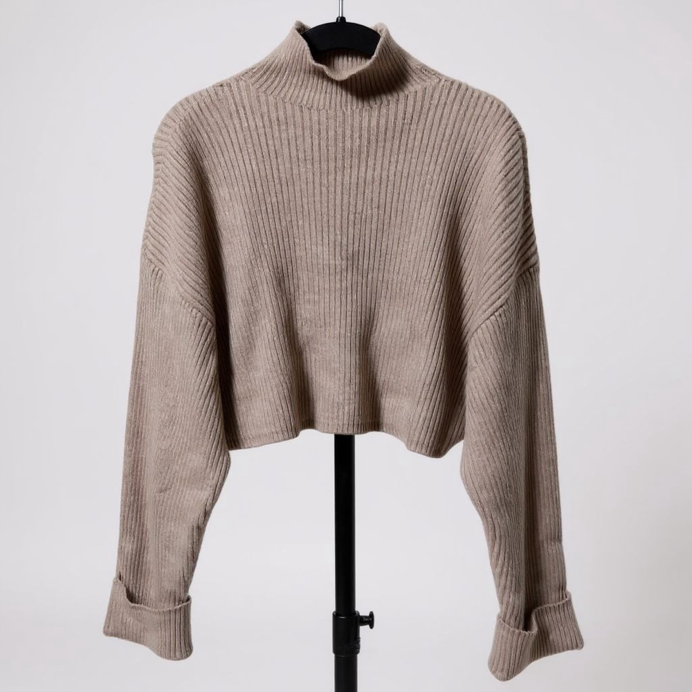 ZARA Ribbed Oversized Crop Length Cuffed Sleeved Mock Neck Sweater in Taupe - Picture 7 of 11